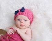 Hot pink beanie with Navy blue lace bow/ Newborn hat/ Baby girl hat