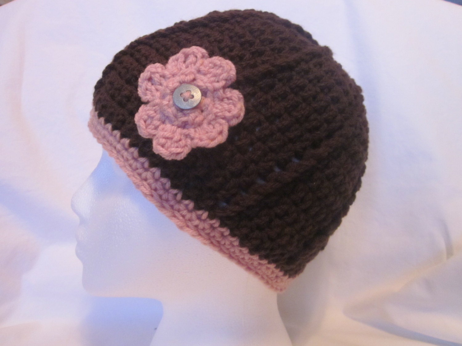 Crochet hat, Crochet beanie, flower hat, womens hat, chocolate brown, pink