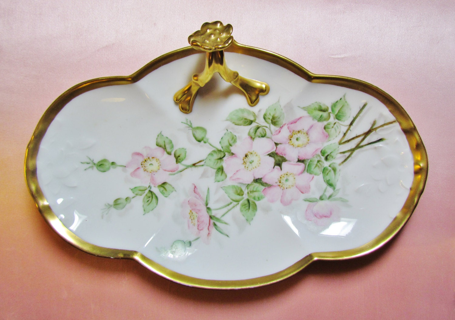 Vintage hand-painted Limoges dish - serving dish with handle, artist-signed, dated 1933