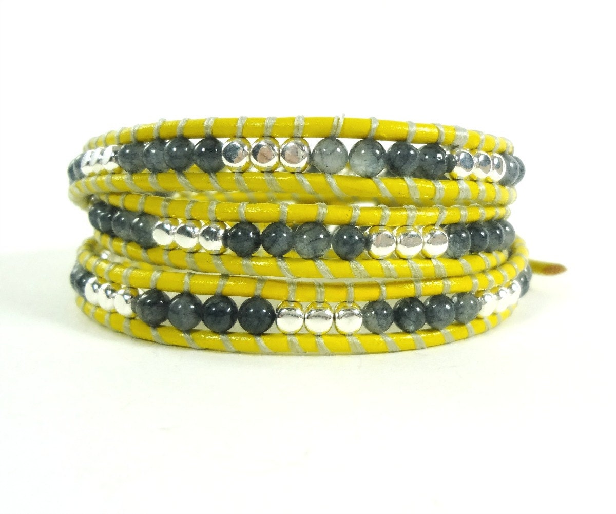 Yellow and Grey Leather Wrap Bracelet by Wrapology - grey jade, silver plated beads, mustard leather, chan luu style, ready to ship