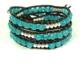 Blue Quartz Triple Wrap Bracelet by Wrapology - faceted blue sponge quartz, silver, anitque brown leather cord