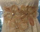 GWEN II Ivory and Champagne Peacock Feather Flower Bridal Wedding Sash