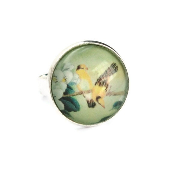 Bird Ring - Yellow Bird on Tree Glass Ring - Wearable Art Jewellery - Glass Jewelry