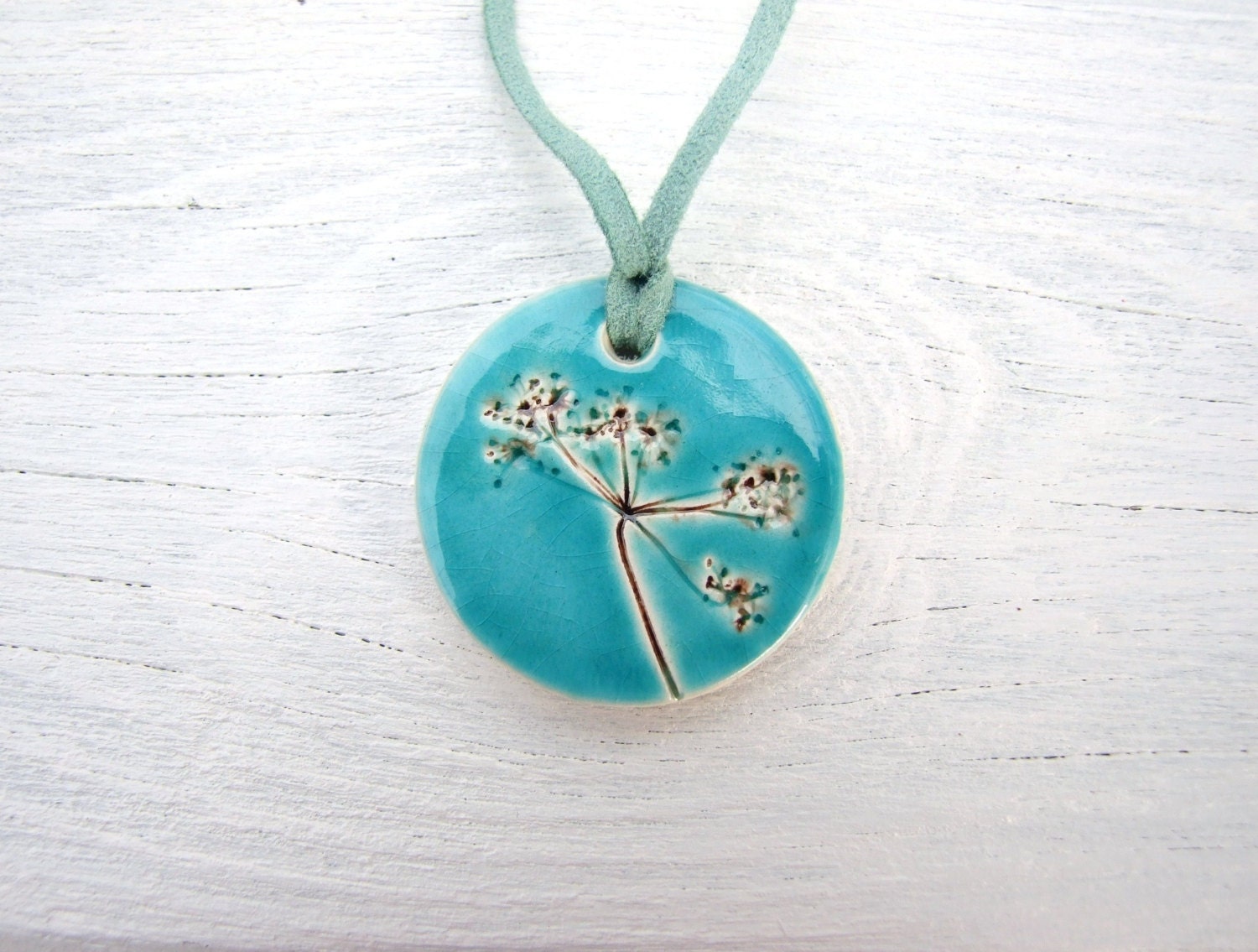 Cow parsley pendant turquoise crackle glaze ceramic seafoam suede Spring time Queen Anne's lace