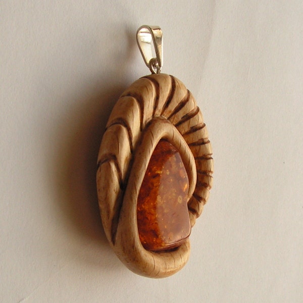 Delicate wooden pendant with real baltic amber Hand carve jewelry Unique Items