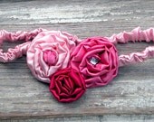 Triple Rosette Ombre Pink Satin Headband & Bling Ruffle Bloomer Sets Baby Bows, Ruffle Diaper Cover, Baby Bloomer Toddler 6911