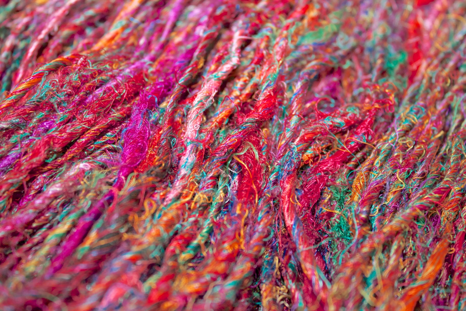 Recycled Silk Sari Yarn - 150 Yards of Hand Spun Rainbow Fiber