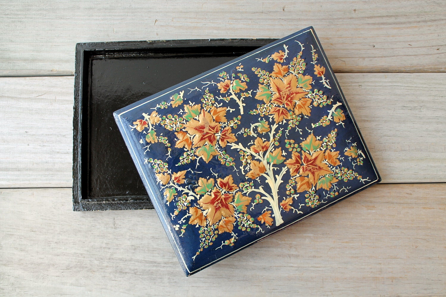 Vintage Eastern style lacquer box / grapevine / gold / blue / floral / home decor / reusable gift box / storage box / flowers / hand painted