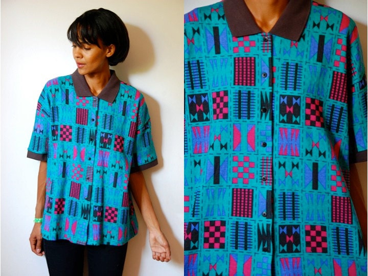 Vtg Abstract Mixed Prints Green Pink Black Button Down Shirt