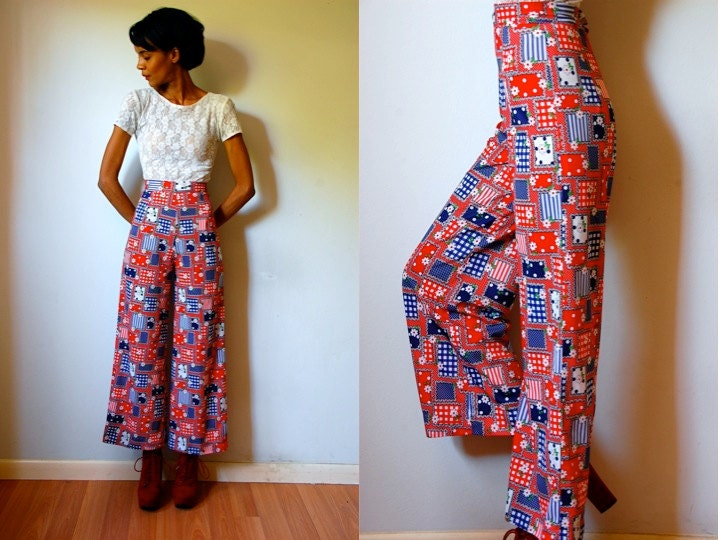 Vtg Flower Power High Waist Checkered Polka Dots Bell Bottoms