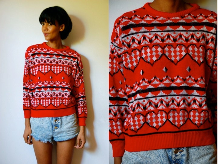 Vtg Winter Hearts Print Red Black White Knitted Sweater