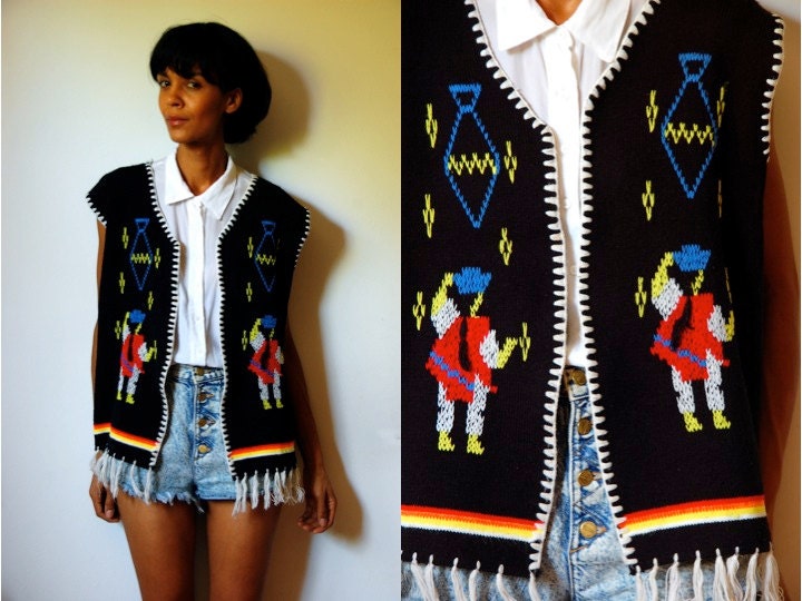 Vtg Neon Knitted Striped Fringed Tribal Black Open Vest