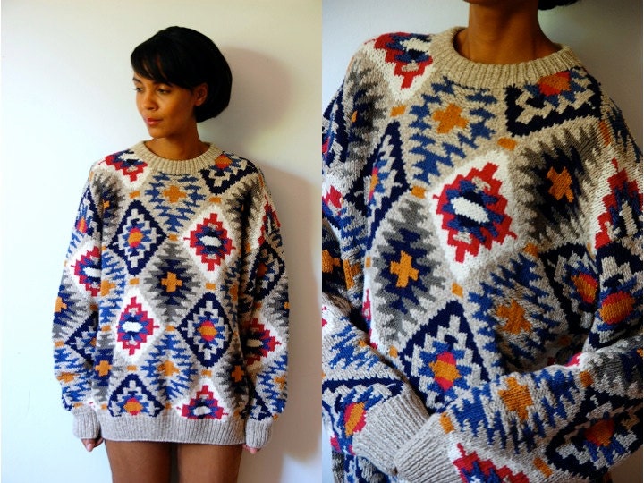 Vtg Colorful Tribal Print Khaki Knitted Grandpa Sweater