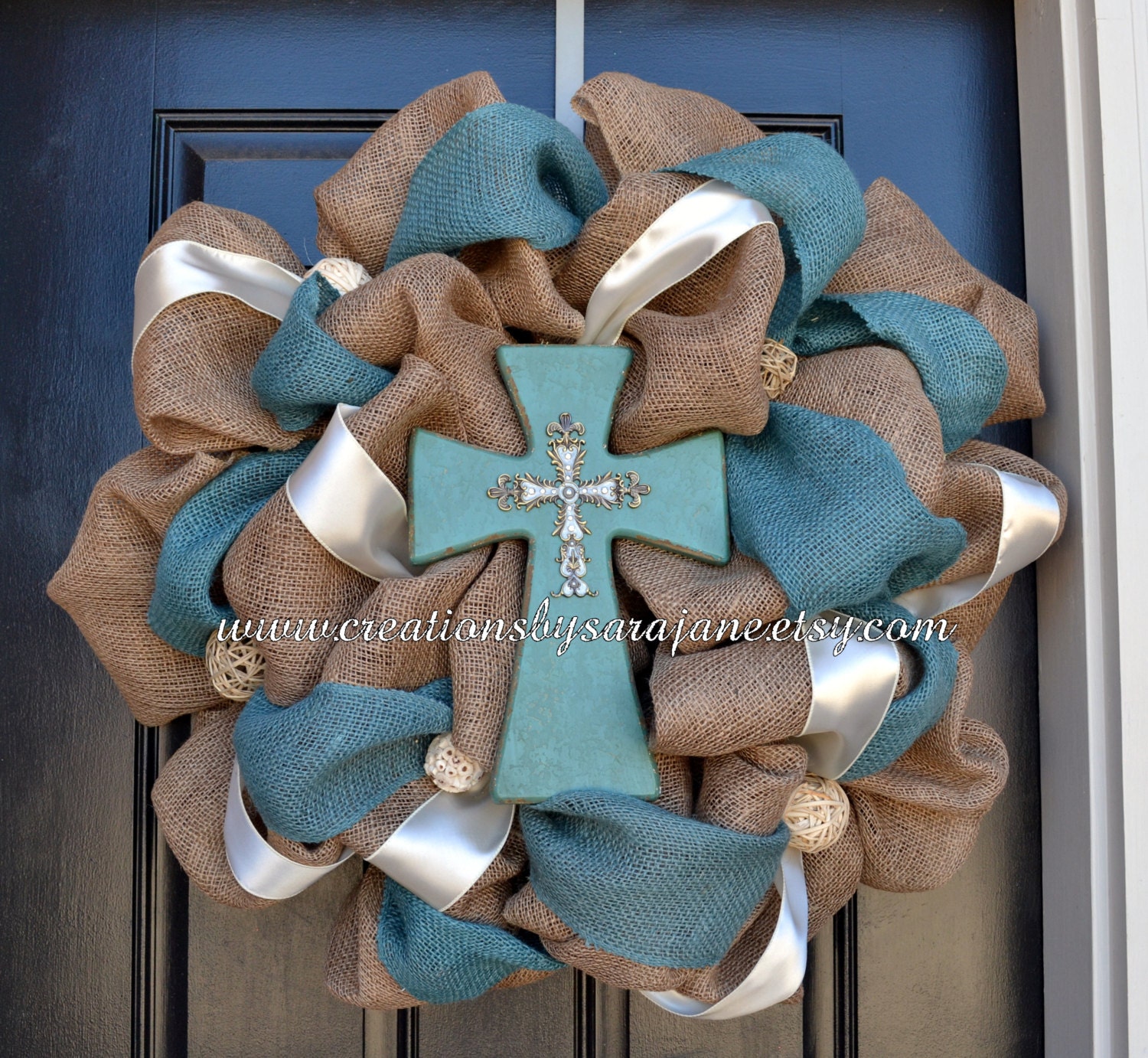 Burlap and Turquoise Cross Wreath - Burlap and Mesh Cross Wreath - Easter Cross Wreath