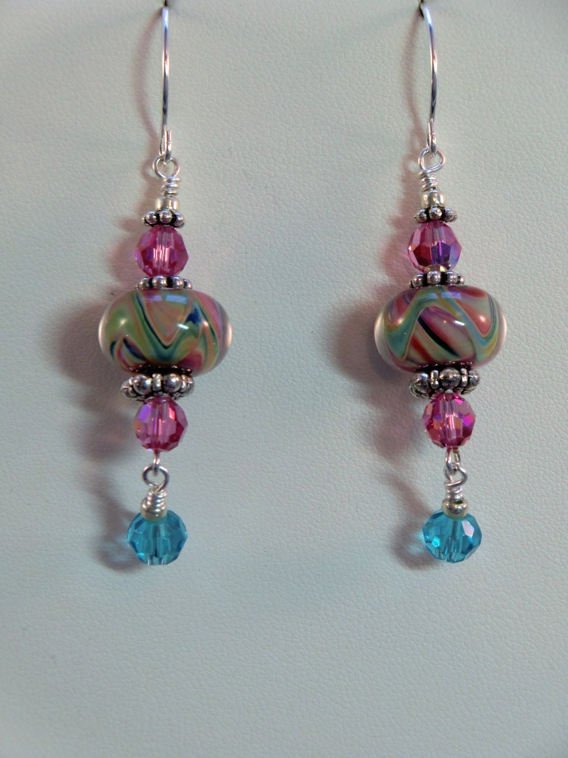 Pink, green and turquoise swirl lampwork dangle earrings, pink and blue crystal and lampwork earrings in silver