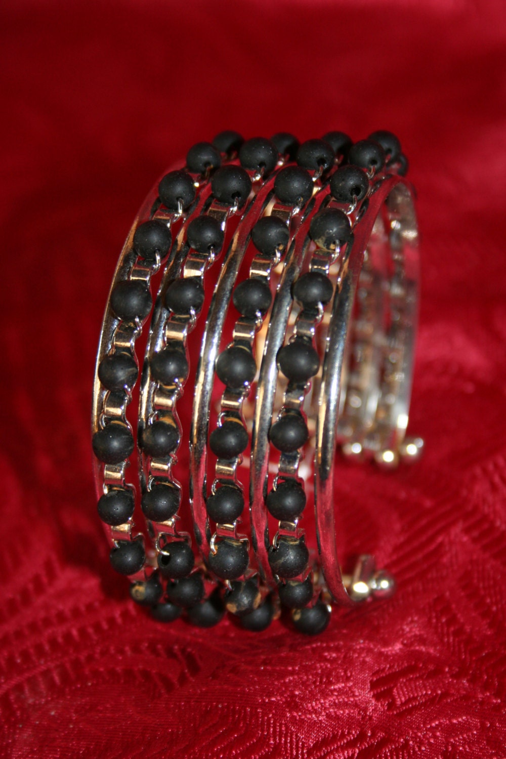 90's Retro Two-Tone Silver Metal and Black Bead Rigid Bracelet