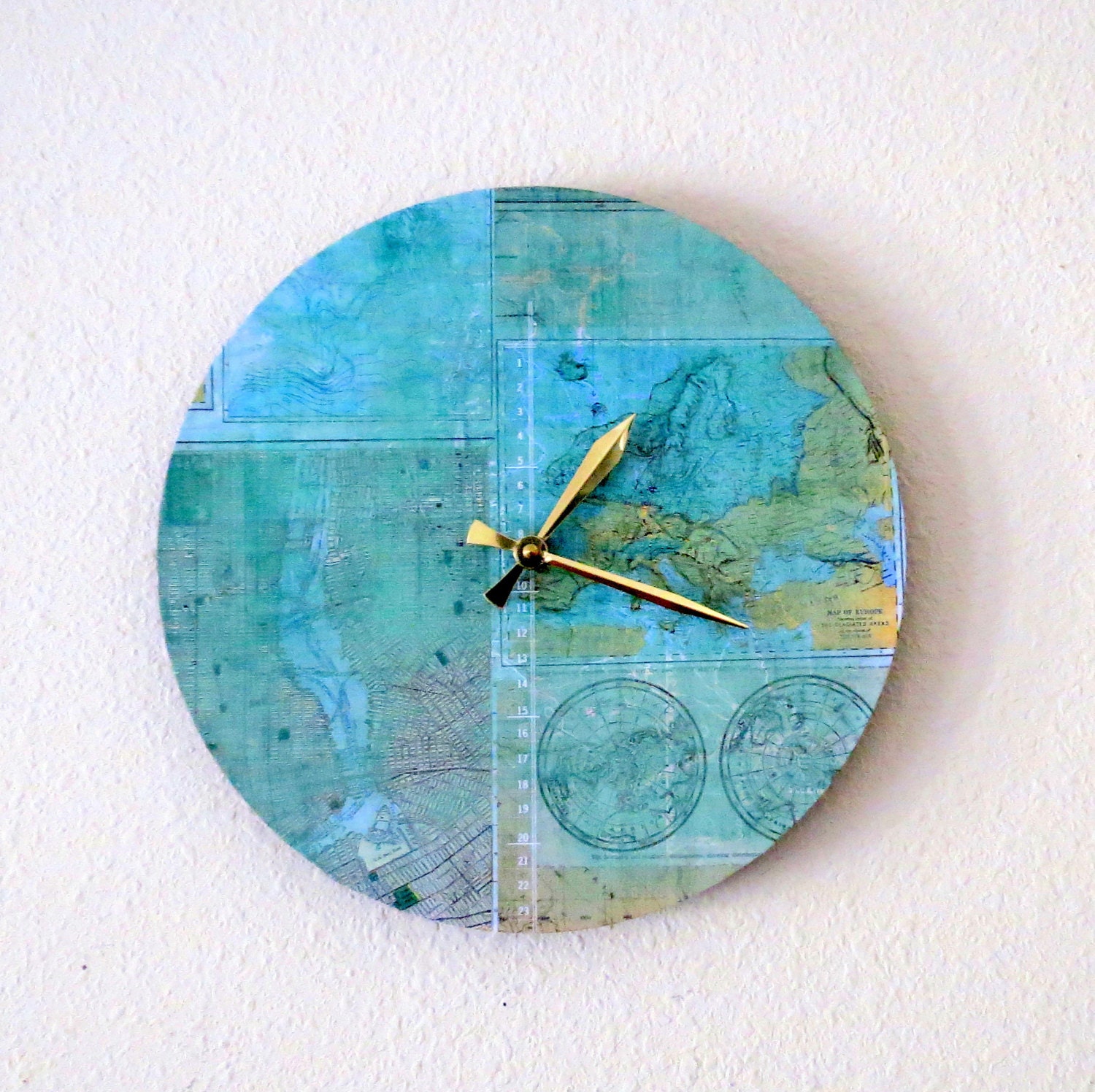 Large Wall Clock, Map Clock, Home Decor, Decor and Housewares,  Home and Living, Aqua Home Decor