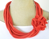 Upcycled Coral Jersey Tee Noodle Necklace with Removable Flower Clip, Repurposed Recycled T-shirt Loop Scarf, Accessory