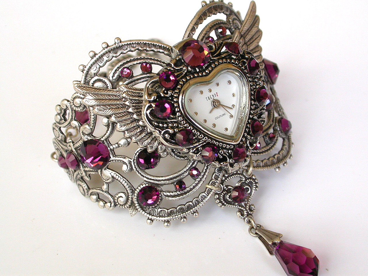 Swarovski Amethyst Silver Women Wrist Watch  Heart Shaped Watch Vintage style  Victorian Gothic Steampunk  Watch - Victorian Gothic Jewelry