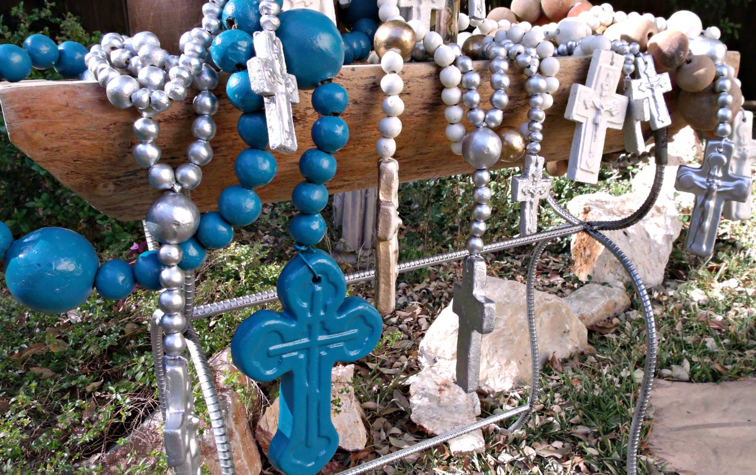 Prayer Beads. Clay Rosary. Turquoise. Gold. White. Silver. Hand painted Religious Decor. Mexican Rosary Beads. Catholic Rosary.
