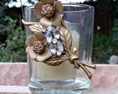 Ornate Glass Votive Holder. Gold and Rhinestone Candle Holder. Antique Rhinestone Broach Embellishment. Up Cycled Decor