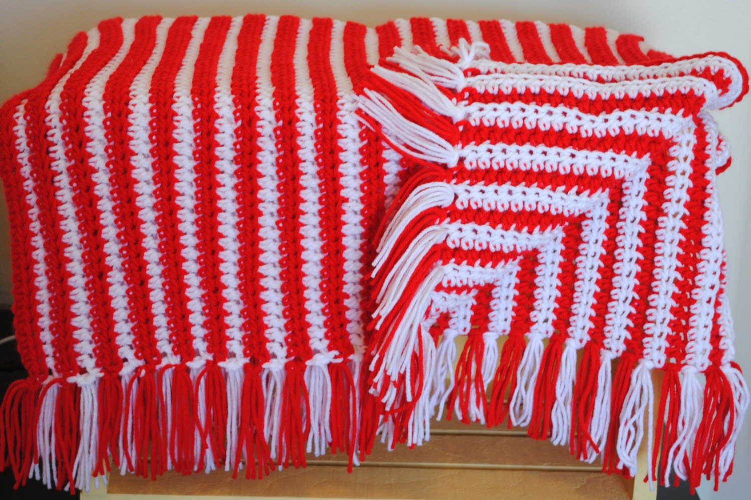 red and white crochet ribbed reversible baby blanket- free shipping