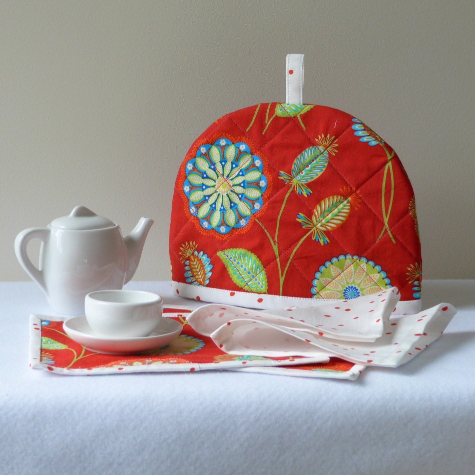 Tea Party Set, Child's Napkins, Placemats, and Quilted Tea Cosy, Red and White Handprinted Cotton, Free US Shipping