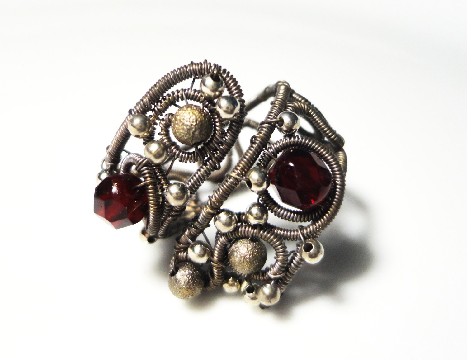 Wire Wrapped Adjustable Ring - Magic Feeling, Red Bohemian Crystals, Oxidized Silver Plated Wire, Handmade Jewelry, Metallic Beads