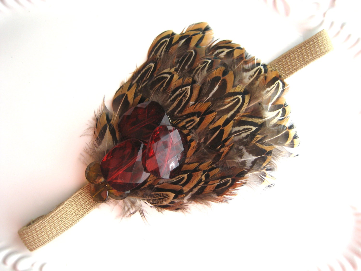 Fascinator Headband Elastic Brown Feathers Red Gems