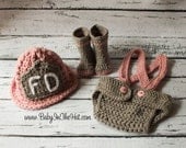 Newborn Girls Fire Fighter Helmet Hat Suspenders Diaper Cover and Boots Photo Prop Set