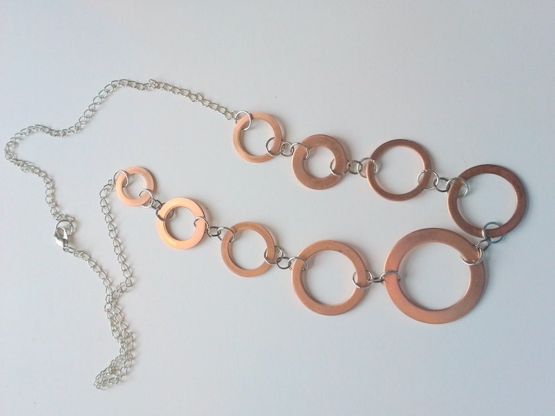 Copper circle necklace, Long statement neckalce