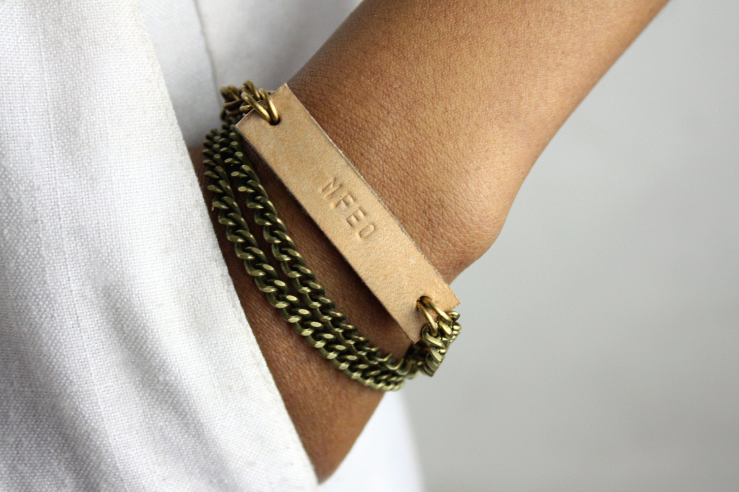 Personalized ID Bracelet // Custom Jewelry // Antique Brass Chain // Black & Tan Leather // Free Shipping