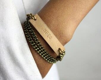 Personalized ID Bracelet // Custom Jewelry // Antique Brass Chain // Black & Tan Leather // Free Shipping