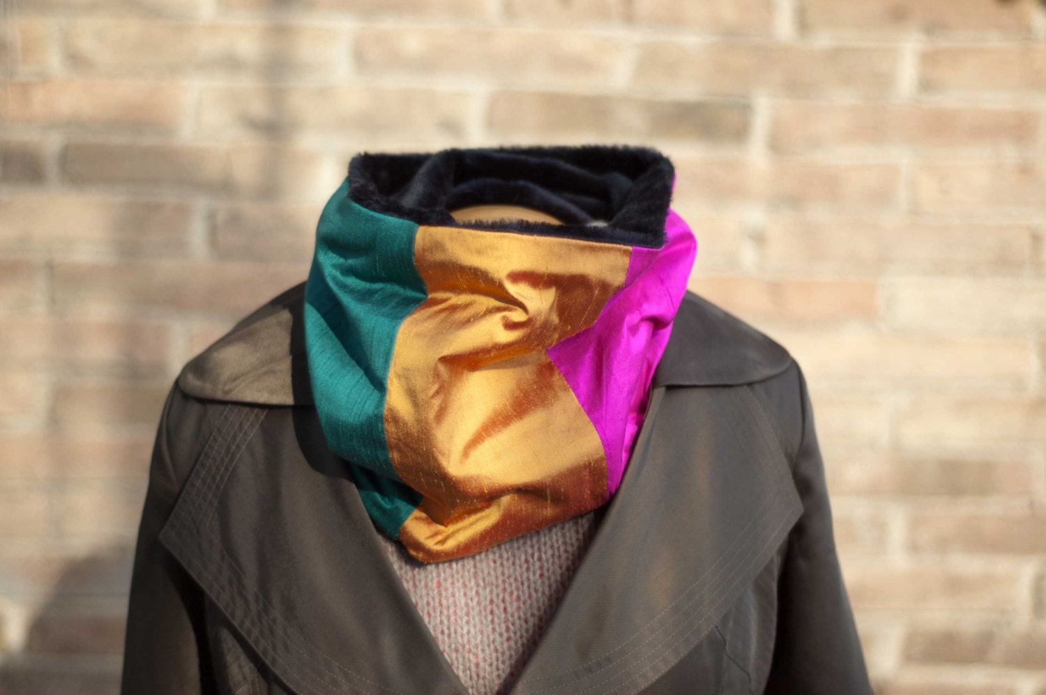 Silk scarf - Dark green, mustard yellow, hot pink