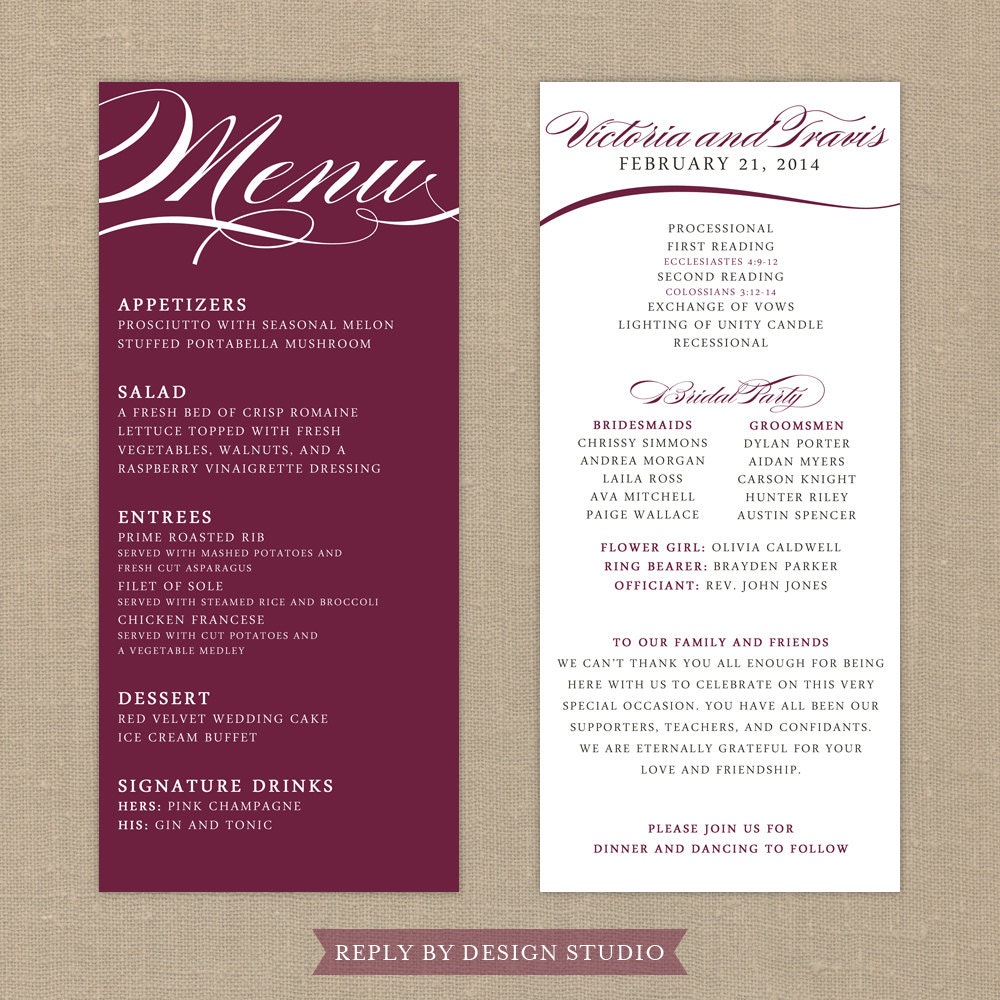 Wedding Menu and Program (Pirouette) - Digital Files/DIY (Customizable Calligraphy Design)