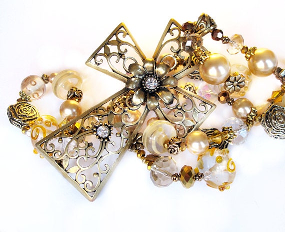 Gold cross long beaded necklace handmade
