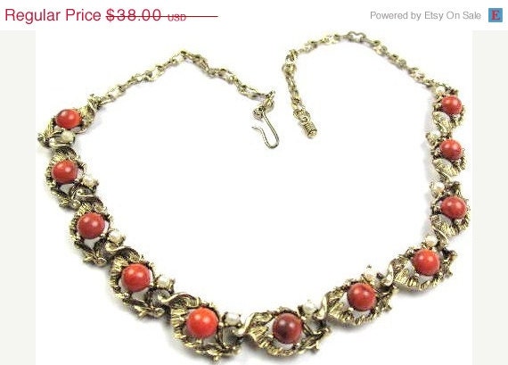 Coral Cabochon Pearl Necklace 1940s Vintage Jewelry