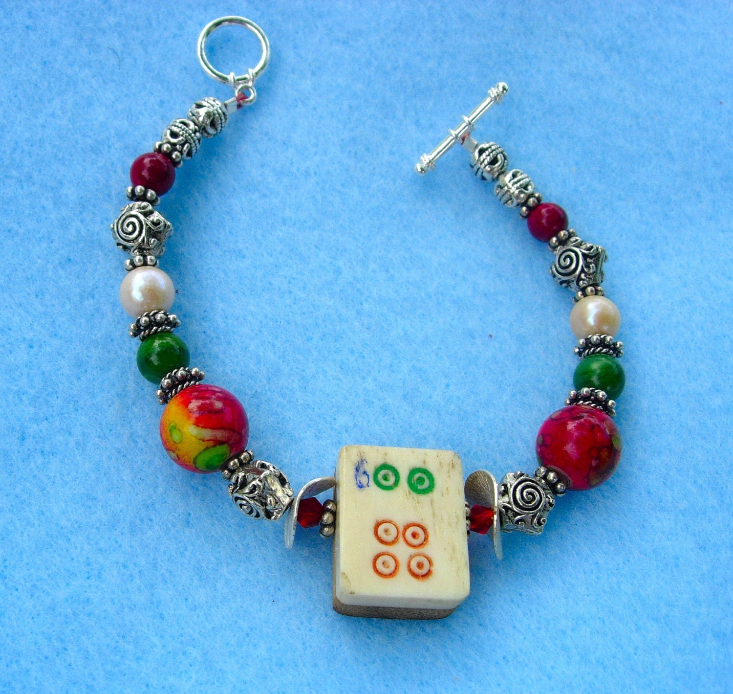 Beaded Bracelet with Vintage Miniature Hand-Carved Bone-Bamboo and 6  Dot Mah Jongg Mah Jong Tile