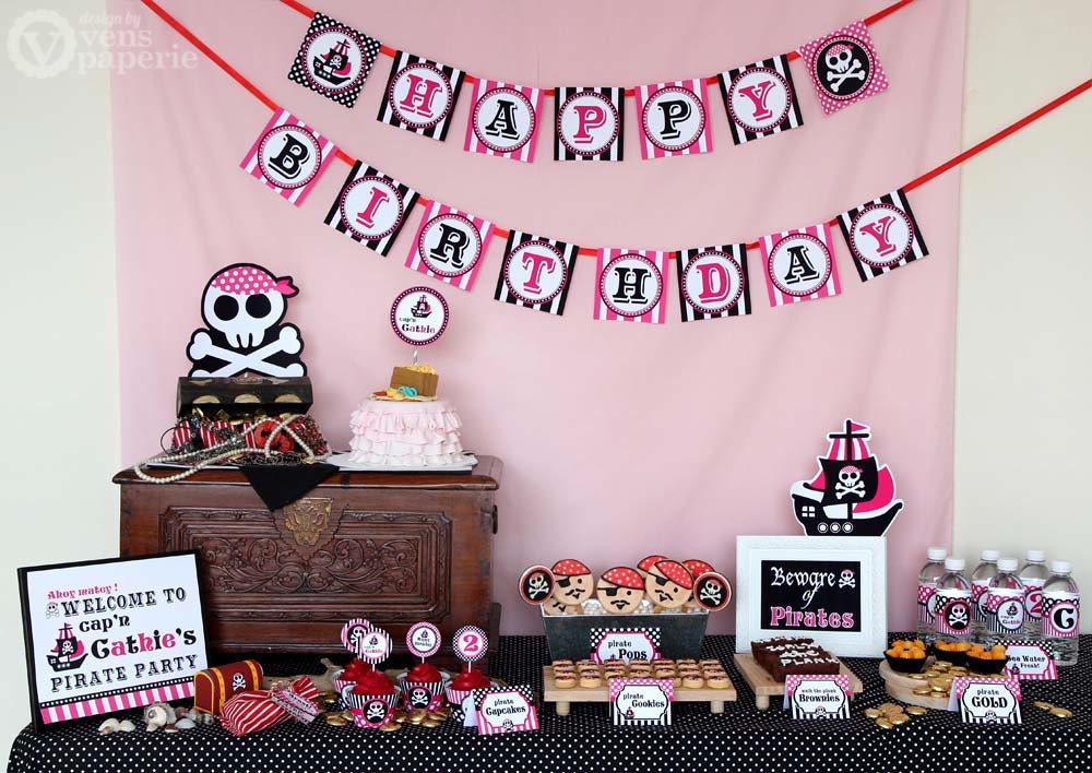 Pink Pirate Birthday Party Package Personalized FULL Collection Set - PRINTABLE DIY - PS831CA2x
