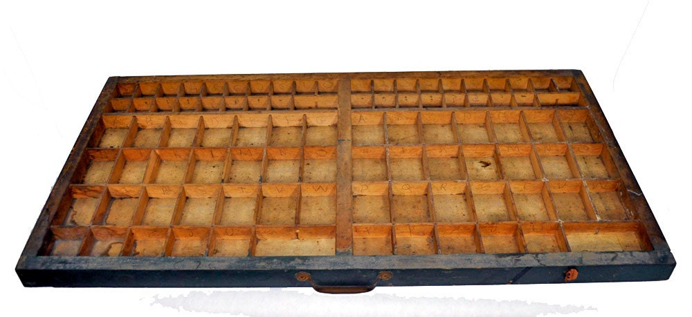 Antique Letterpress Painted Green Wooden Tray Drawer Jewelry Divider 1