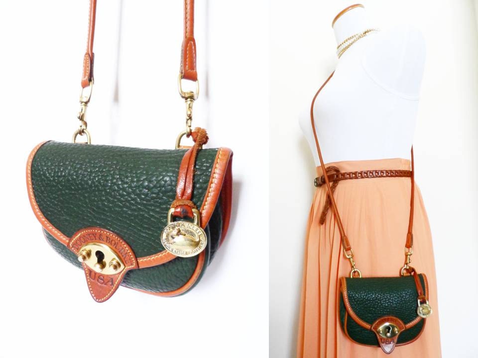 Vintage Dooney & Bourke Cavalry Mini Bag, Brown Emerald Hunter Green Belt Hipster Retro Crossbody Colorblock Two Tone Handbag Small Leather