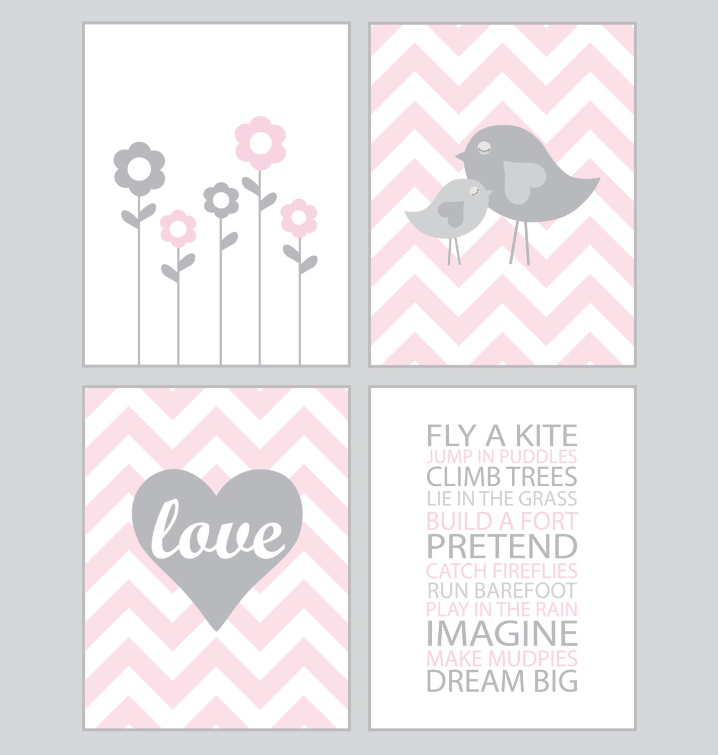 Baby Girl Nursery Art - Chevron pink and gray - set of four - 8x10 prints