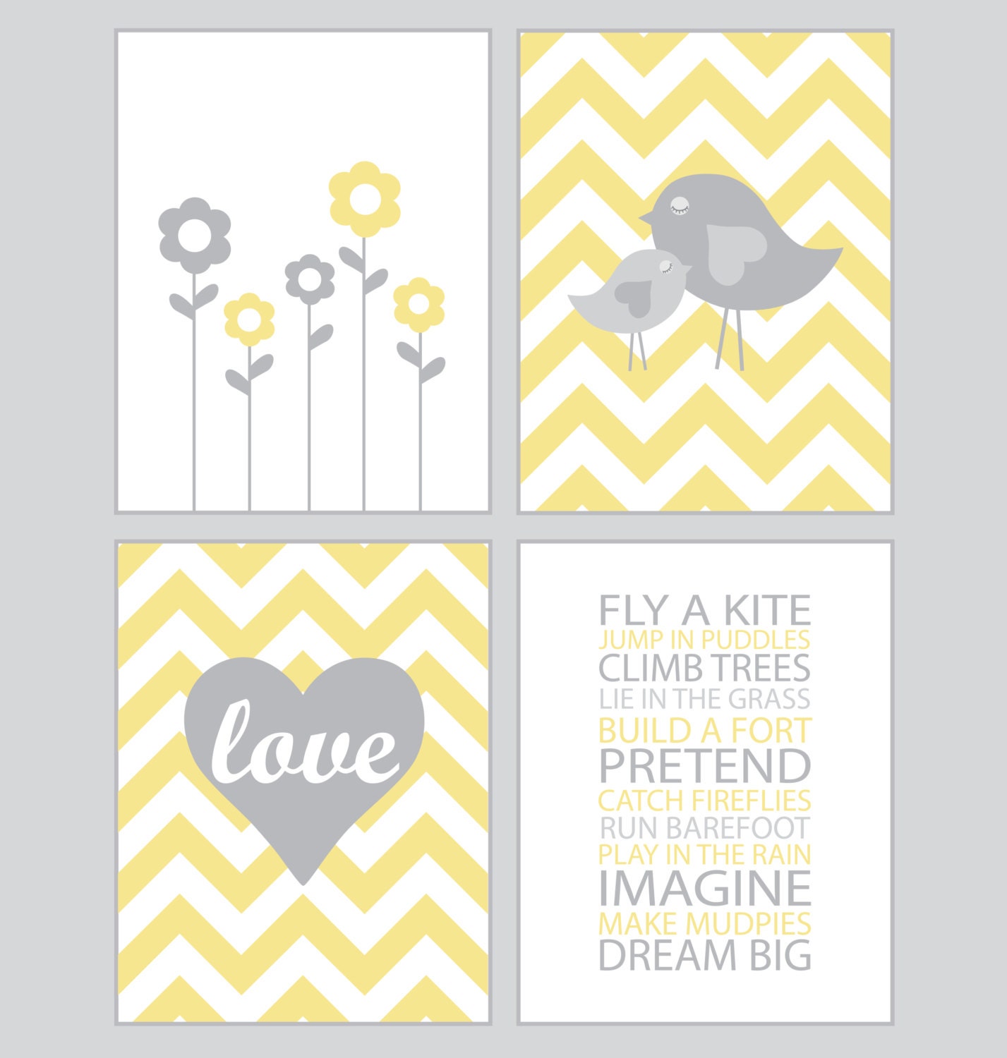 Baby Girl Nursery Art - Chevron chicks - yellow and gray - set of four - 8x10 prints
