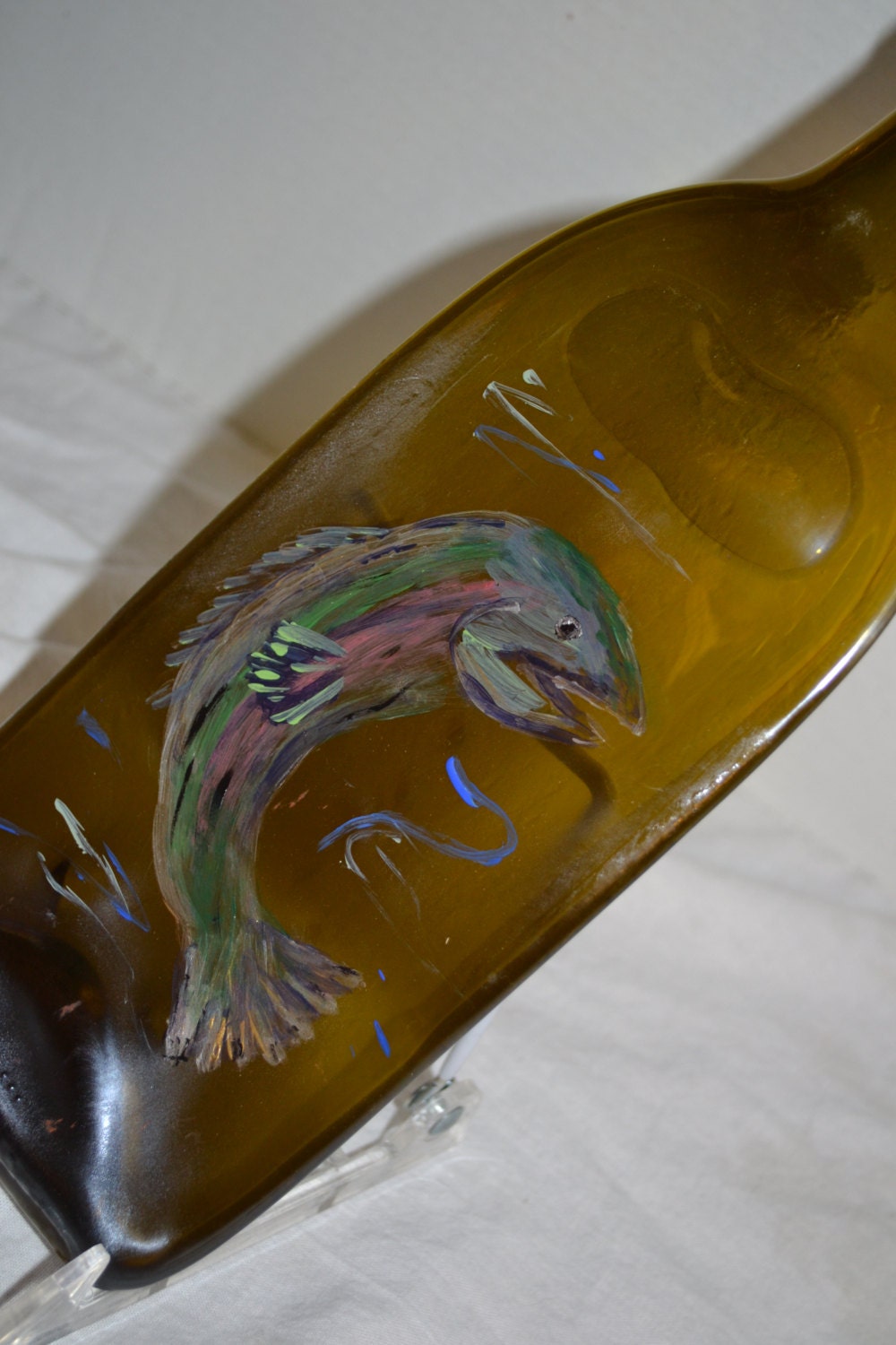 Hand Painted Fish Salmon Trout Brown Glass Wine Bottle Cheese Tray/Platter