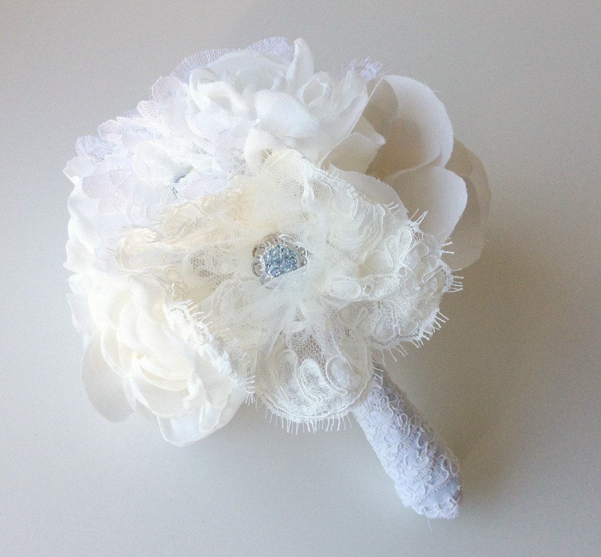 Something blue brooch bouquet, Vintage wedding bouquet, Lace bouquet, Aqua bouquet, Fabric flower bouquet