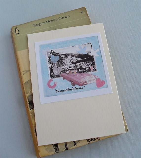 Wedding Congratulations Card, Just Married, 1950s Pink Cadillac Bride and Groom, Honeymoon, collage print