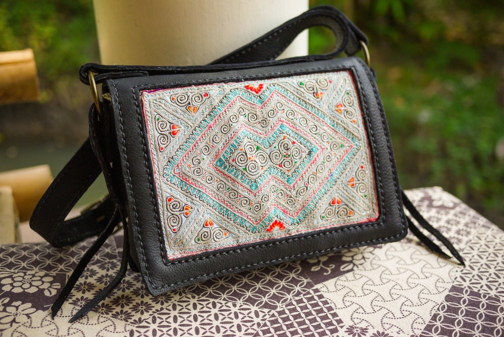 Black Leather Cross-Body Bag with Vintage Hmong Textile