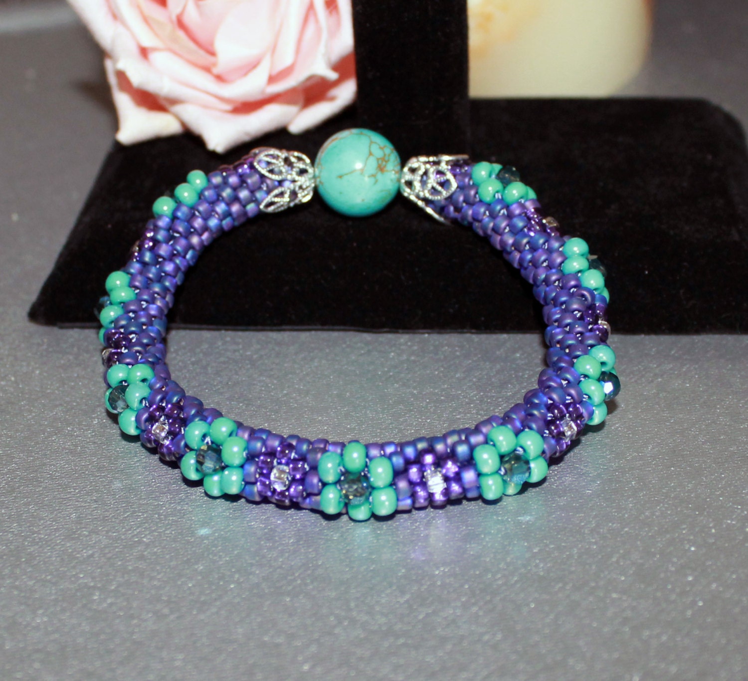 Aqua Green and Purple Glass Bead Crochet Bracelet, Flower Design Bangle, Crochet Bead Jewelry, Handcraft bangle, Medium - Large Size bangle