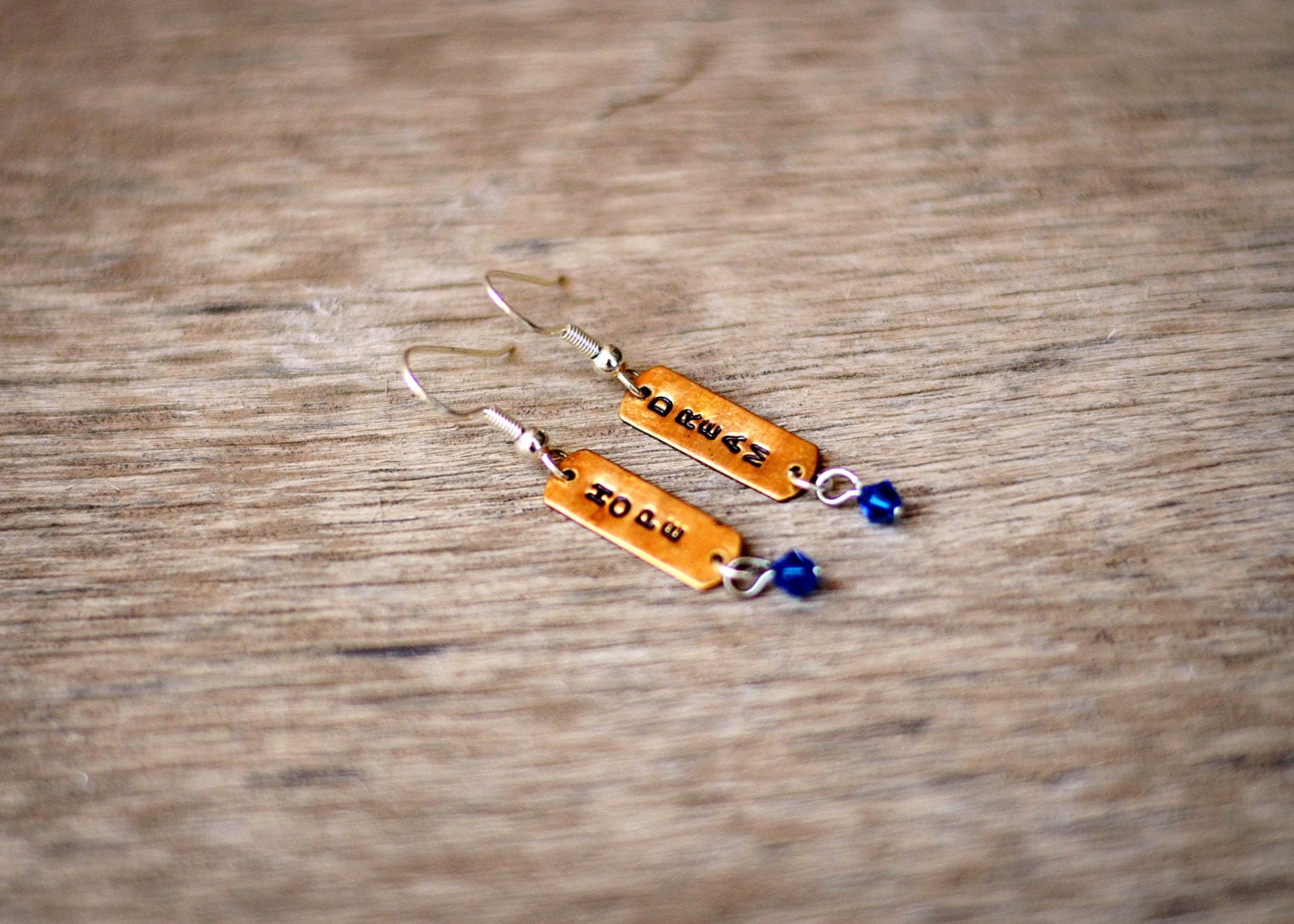 Hope and Dream - Stamped Vintage Brass tags and Swarovski crystal earrings.