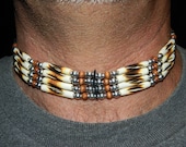 Native American Handcrafted Choker made with Carved Burnt Bone and Silver
